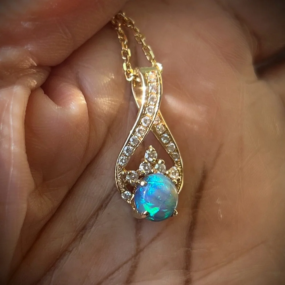 🎇 Black Opal & Diamond 14K Gold Pendant 💚🩵 - Picture 2 of 16
